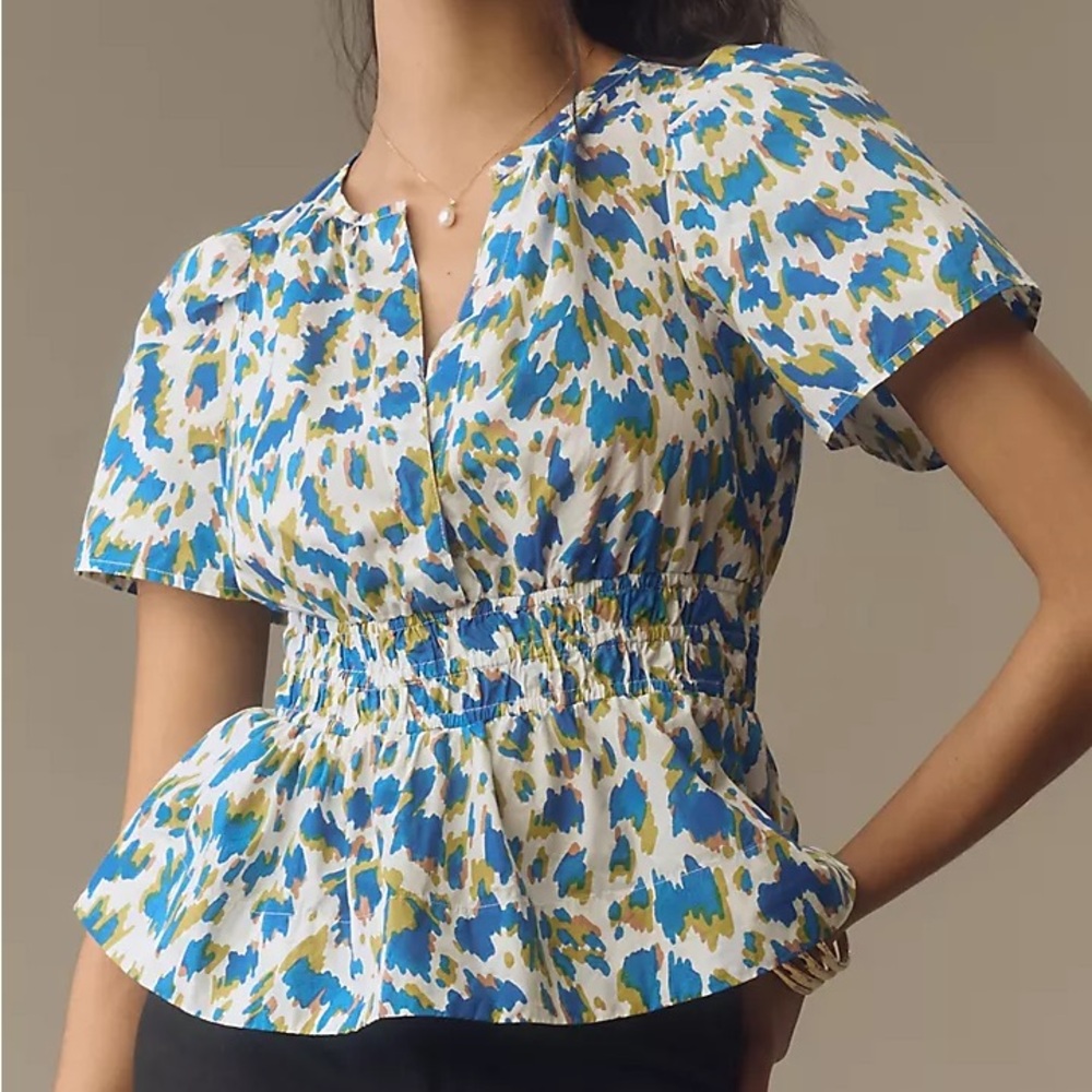 Anthropologie Blue, Green & White Printed Smocked-Waist Peplum Blouse